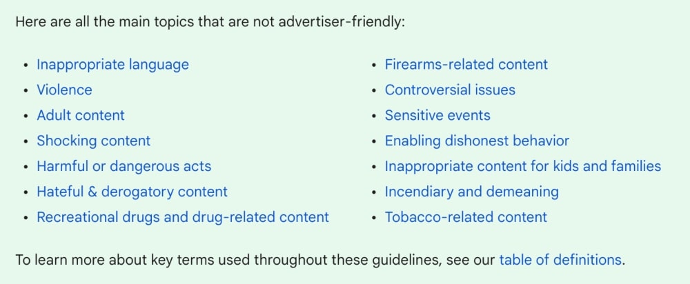 Unzulässige Themen des YouTube-Partnerprogramms
