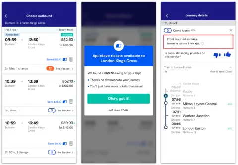 trainline 应用程序屏幕和用户在繁忙时报告的红框