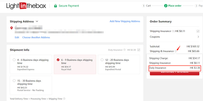 Asuransi tugas disorot dengan warna merah pada halaman checkout LightInTheBox