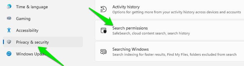 Разрешения поиска Windows 11