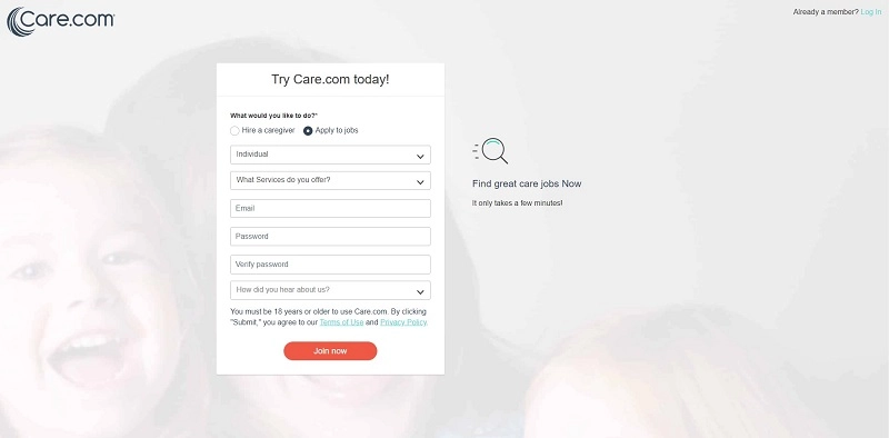 在 care.com 上註冊為看護人
