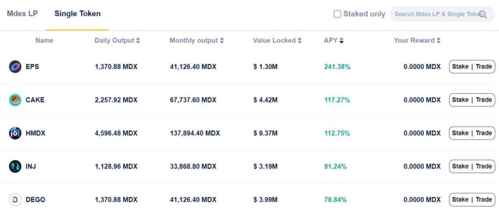 Taruhan Token Tunggal MDEX BSC Liquidity Pool