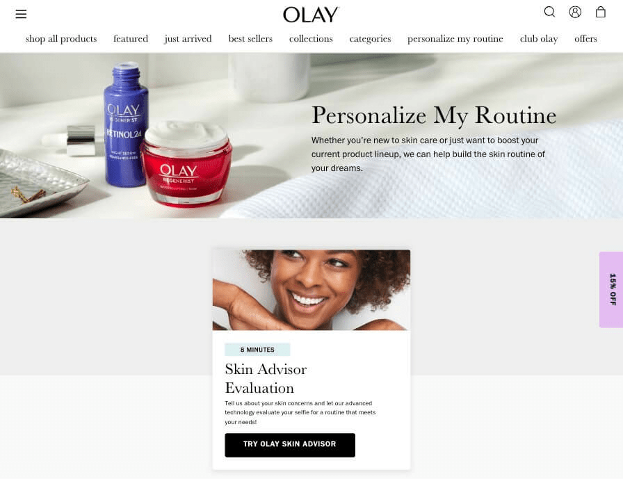 Cuestionario de evaluación del asesor de la piel en el sitio web de Olay