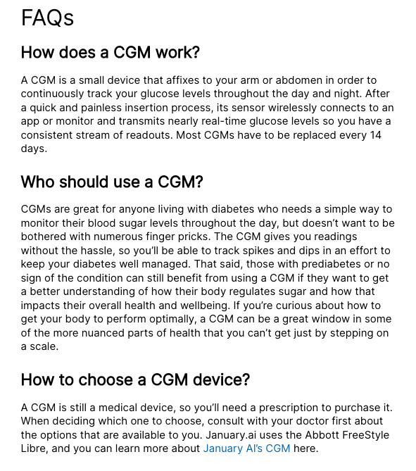 Captura de pantalla del sitio web de enero que muestra la sección de preguntas frecuentes de su guía para CGM