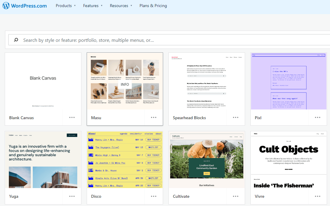 Captura de pantalla que muestra la selección de plantillas disponibles en WordPress