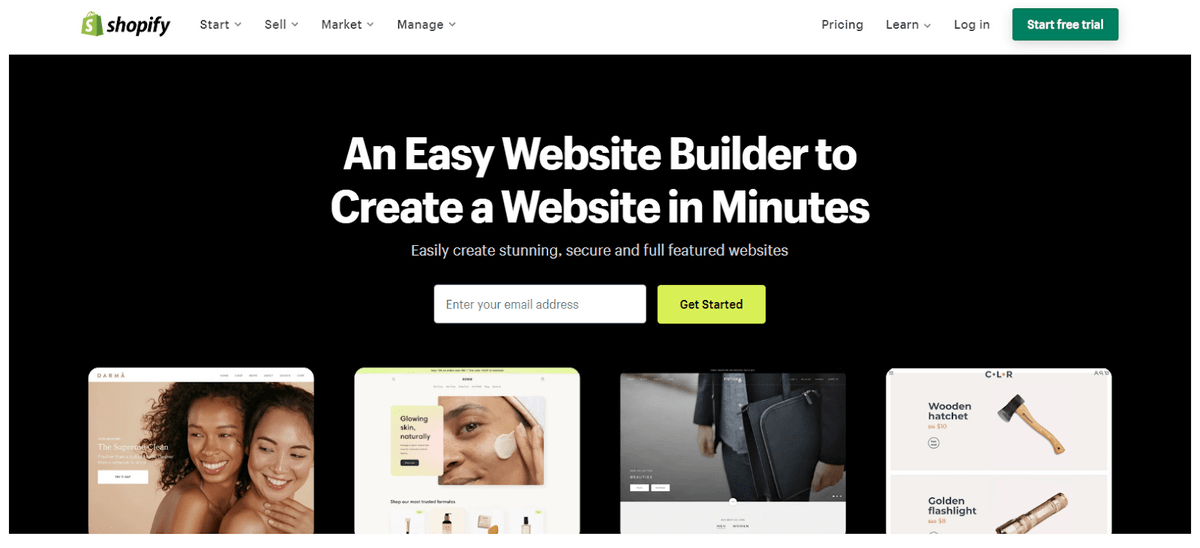Captura de pantalla que muestra la página de inicio de Shopify