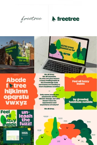 freetree: muchos colores terrenales como el naranja y el verde con texto suave y borroso y muchos árboles con caras sonrientes en todos los activos