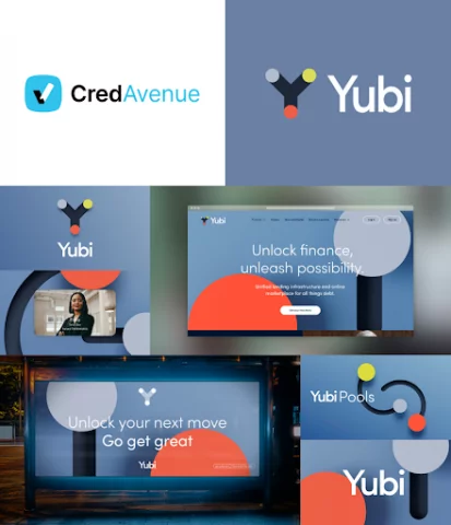 Yubi: 3 colores principales de bloques simples en naranja, amarillo y azul opaco, además del fondo azul más oscuro y una fuente delgada y redondeada en blanco que se usa para llamadas a la acción claras.
