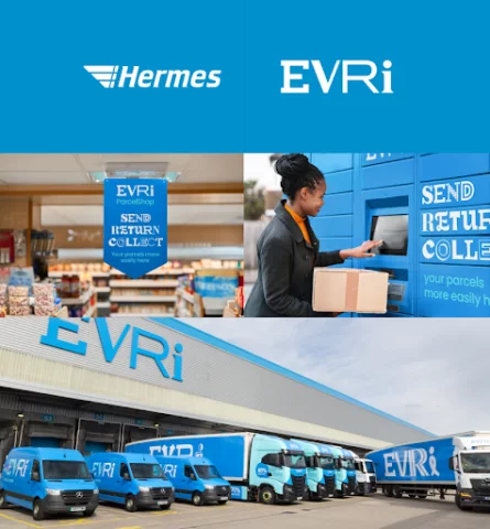 hermes cambia de marca como evri: los mismos colores azul y blanco pero una fuente diferente para cada letra de EVRI