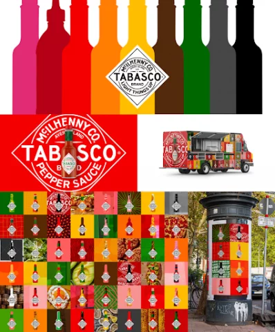 Tabasco: el logotipo se colocó al frente y al centro en la actualización sobre un fondo de botellas o fondos de salsa multicolores. Una gama de colores, pero sobre todo tonos cálidos.