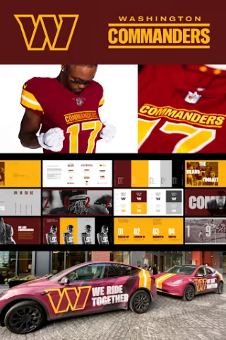 nueva marca de los comandantes de washington: el rojo oscuro y el naranja son los colores principales con el nombre en mayúsculas en camisetas, autos y carteles