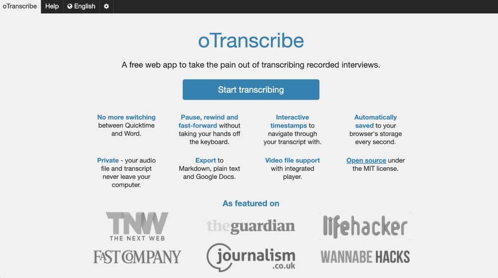 oTranscribe 無料のトランスクリプション サービス