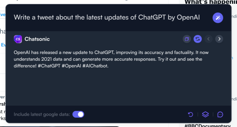Chatsonic - ChatGPT chrome 拡張機能による最新データ付きツイート