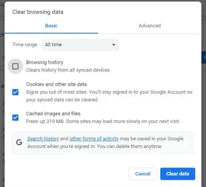 Löschen Sie Ihren Browser-Cache und Cookies, wenn die WhatsApp-Desktop-App nicht geöffnet wird