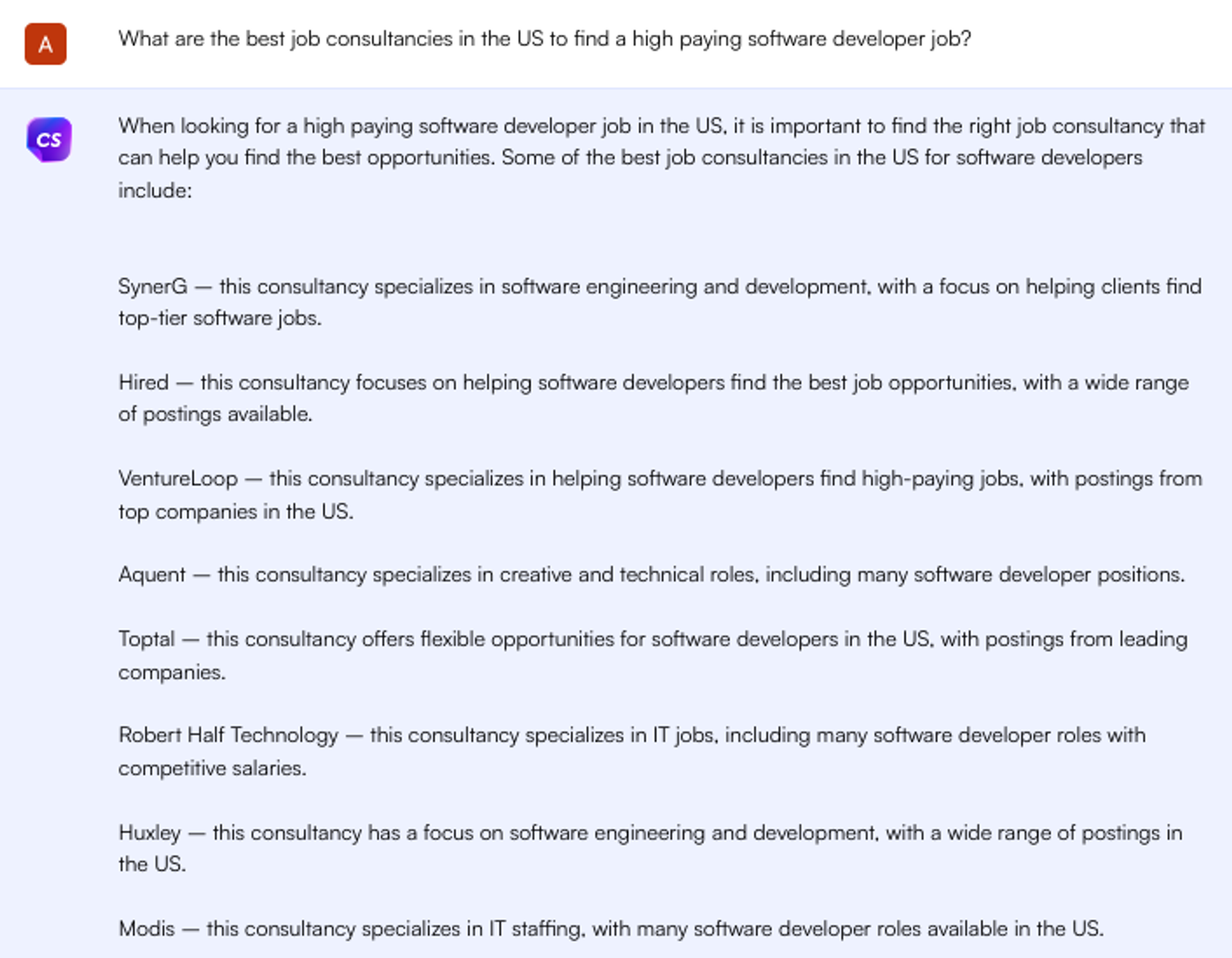 Solicitação do ChatGPT para consultorias de empregos - Pesquisa de empregos