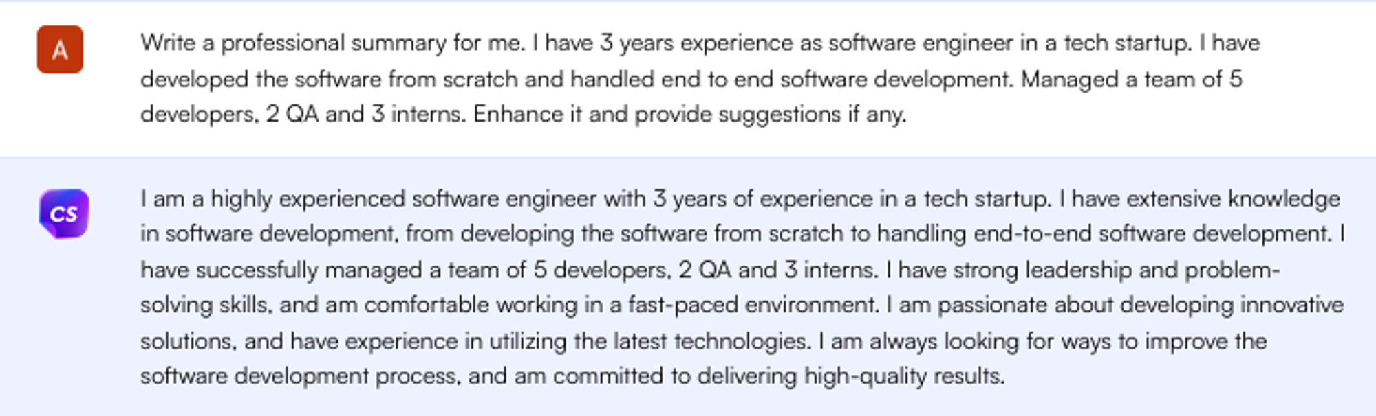 Solicitação do ChatGPT para resumo profissional - Pesquisa de empregos