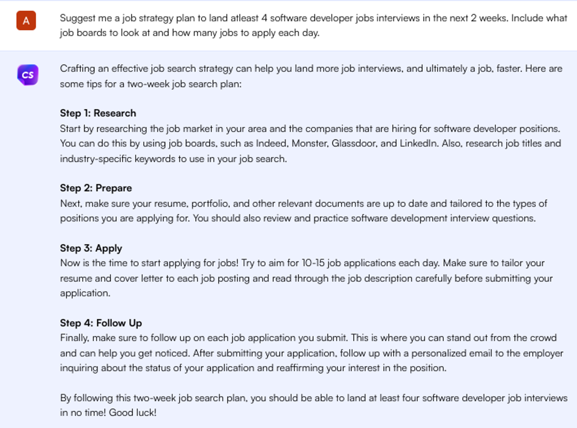Solicitação do ChatGPT para dicas de candidatura a emprego - Pesquisa de emprego