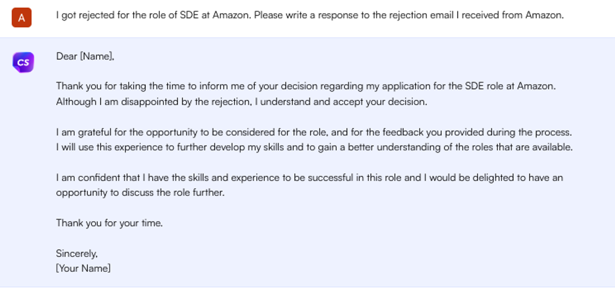 Solicitação do ChatGPT para uma resposta de e-mail de rejeição - Pesquisa de empregos