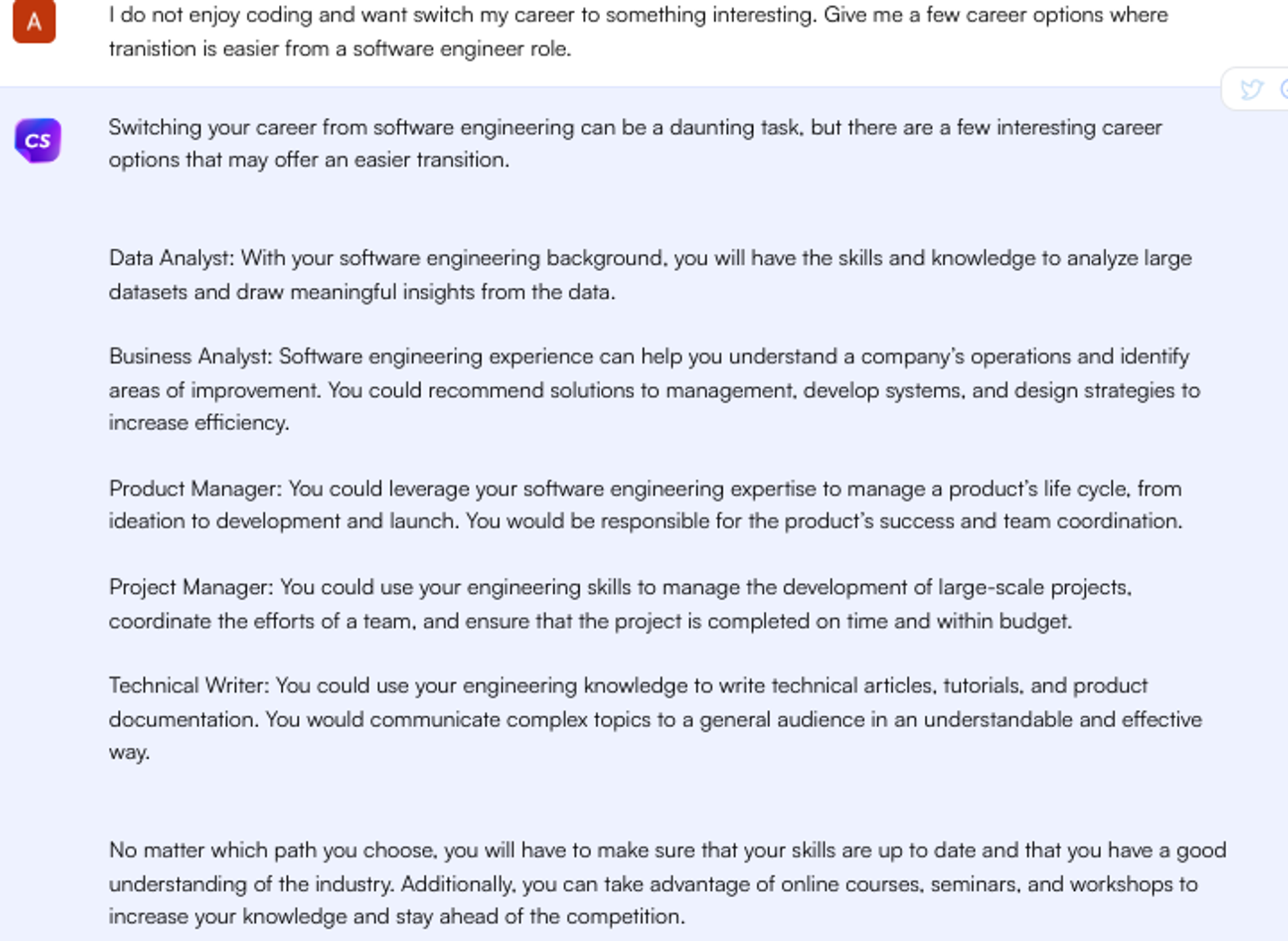 Solicitação do ChatGPT para aconselhamento sobre mudança de carreira - Pesquisa de empregos