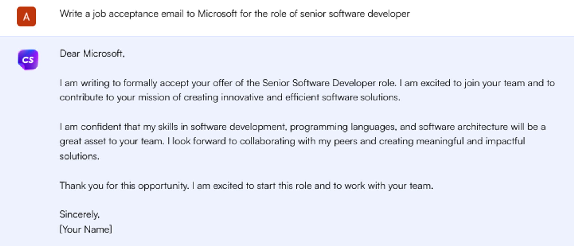 Solicitação do ChatGPT para aceitar e-mail de oferta de emprego - Pesquisa de empregos