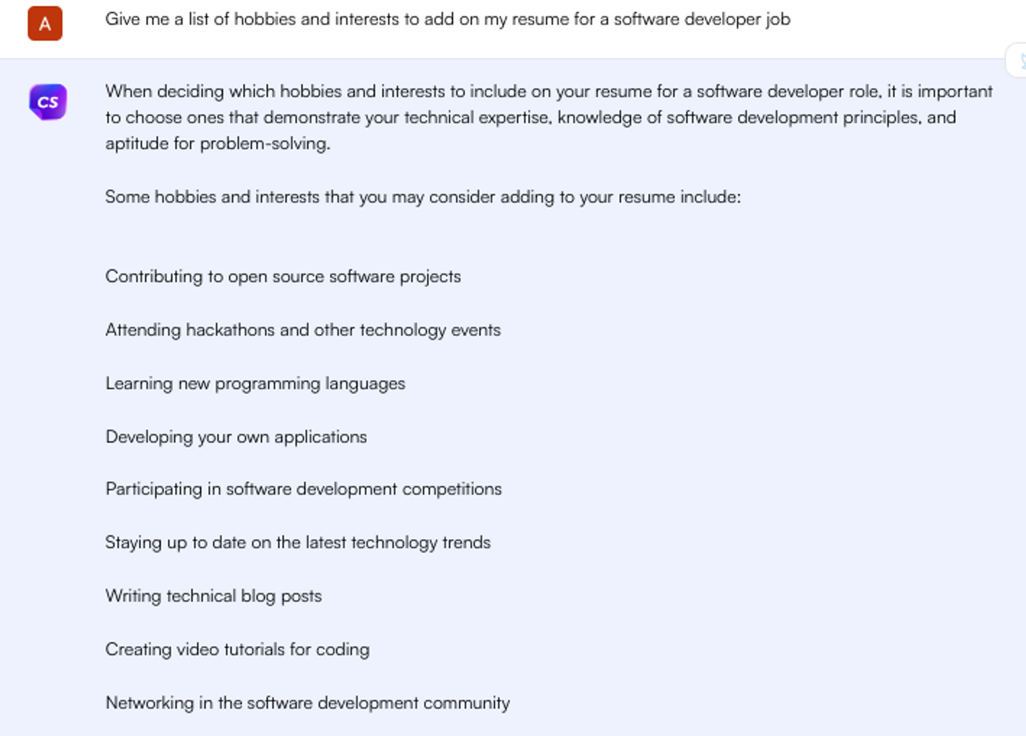 Solicitação do ChatGPT para adicionar hobbies ao currículo - Pesquisa de emprego