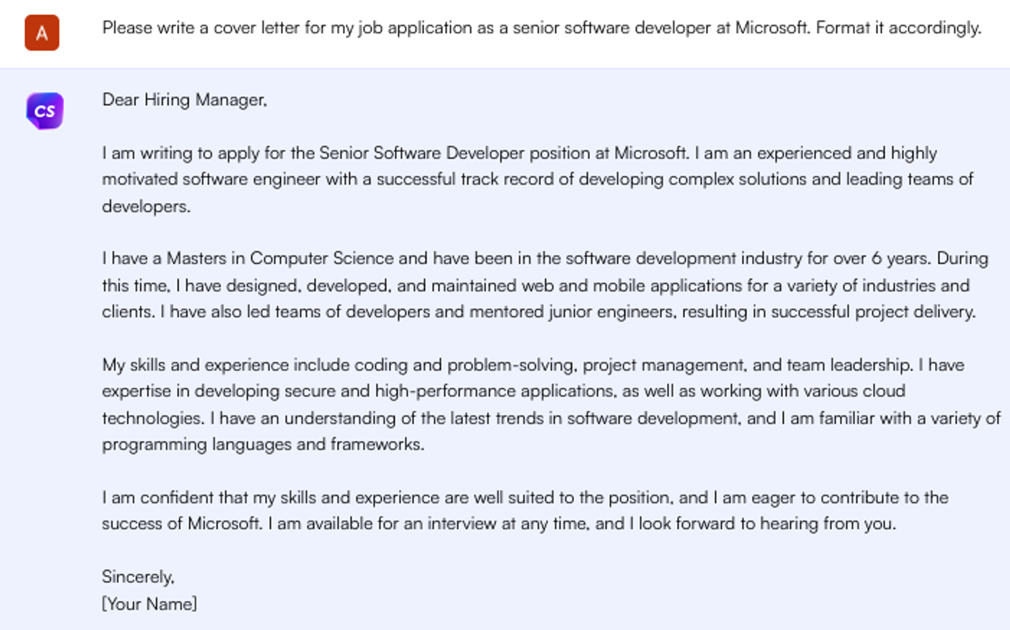 Solicitação do ChatGPT para carta de apresentação - Pesquisa de emprego
