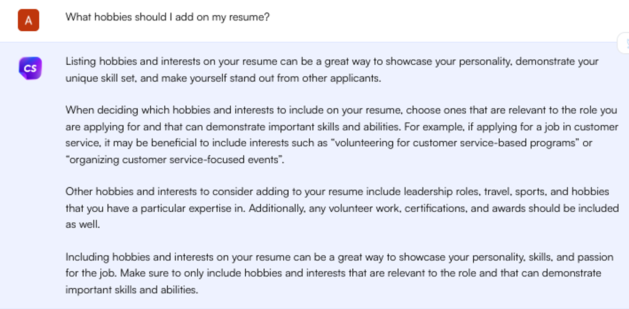 Solicitação do ChatGPT para adicionar hobbies ao currículo - Pesquisa de emprego