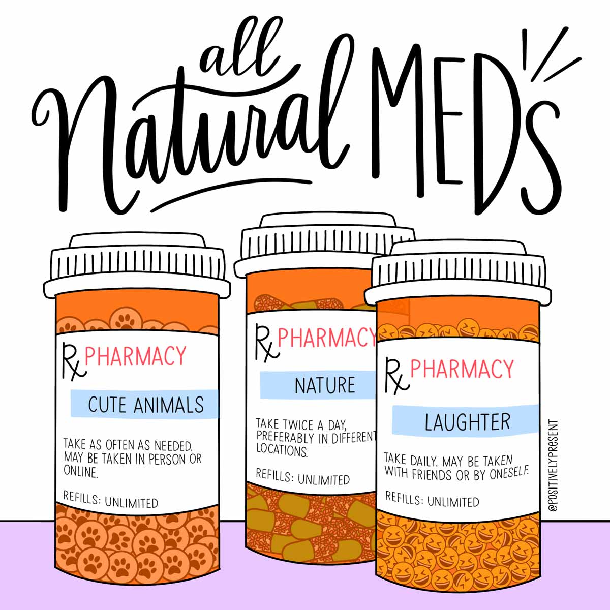 desenul sticlelor cu rețetă arată toate medicamentele naturale pentru a combate anxietatea, precum râsul.