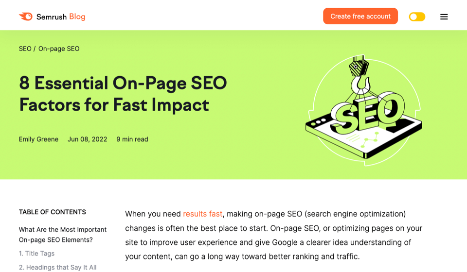 Semrush のブログの見出しと紹介のスクリーンショット