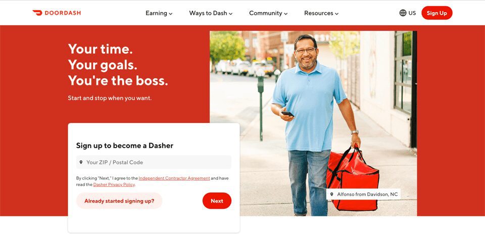 DoorDash 驱动程序的登陆页面