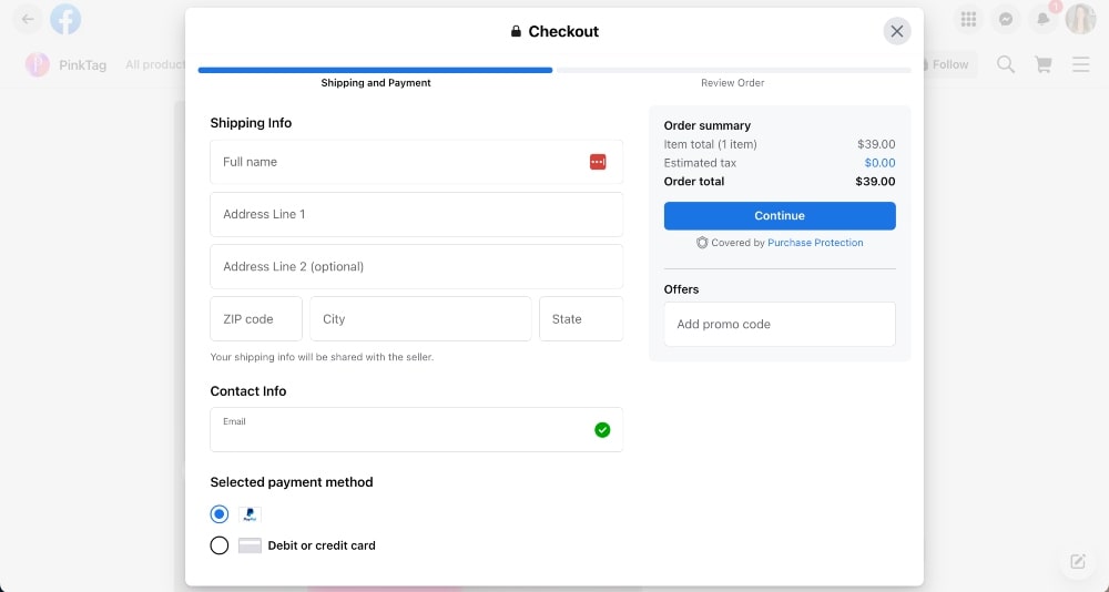 Pembayaran toko Facebook