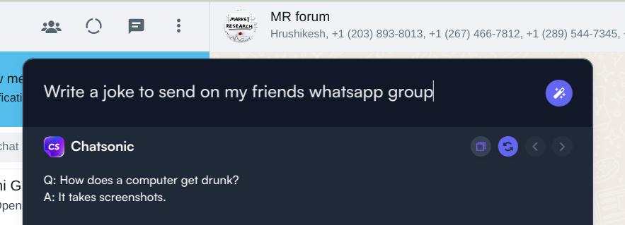 Brincadeira no grupo do WhatsApp - casos de uso da extensão do Chrome ChatSonic