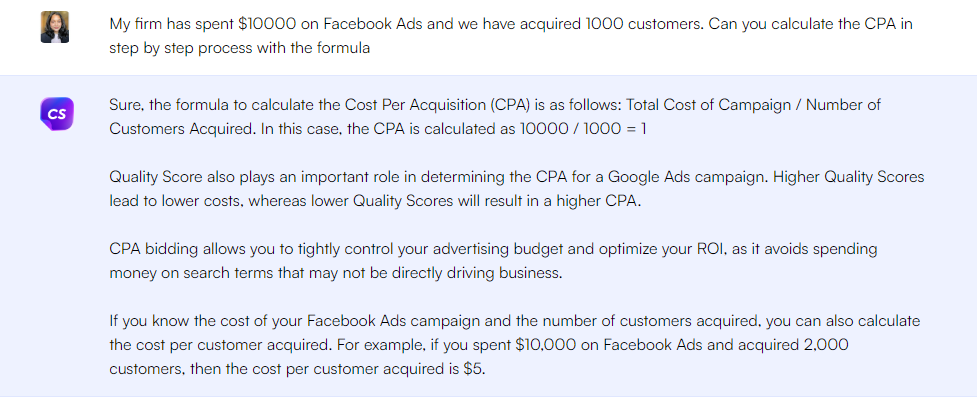 Invite ChatGPT pour calculer le coût par acquisition dans les publicités Facebook - Invites ChatGPT pour les métriques marketing