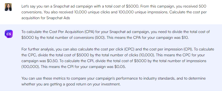 Invite ChatGPT pour calculer le coût par acquisition dans les annonces Snapchat - Invites ChatGPT pour les métriques marketing