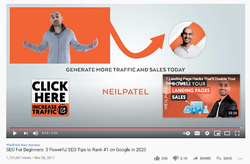 Layar akhir Youtube contoh Neil Patel