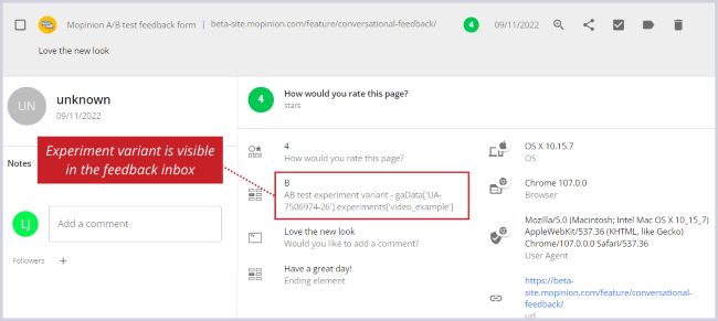 Variante de test de test AB dans la boîte de réception des commentaires de Mopinion
