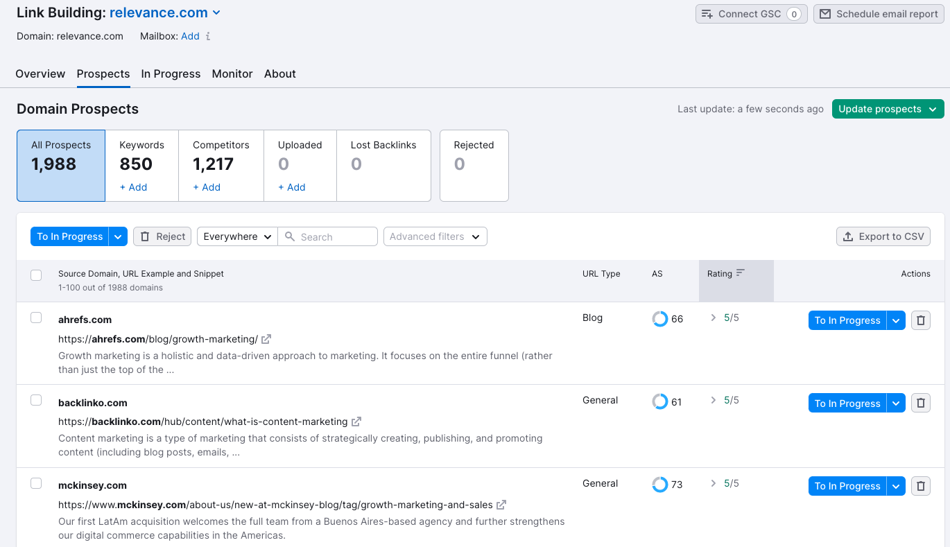 SEMrush 反向链接构建器示例