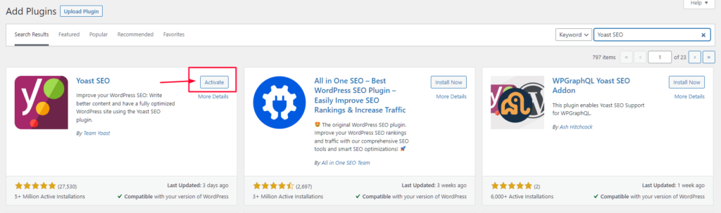 Klik tombol Aktifkan setelah plugin Yoast SEO terinstal.