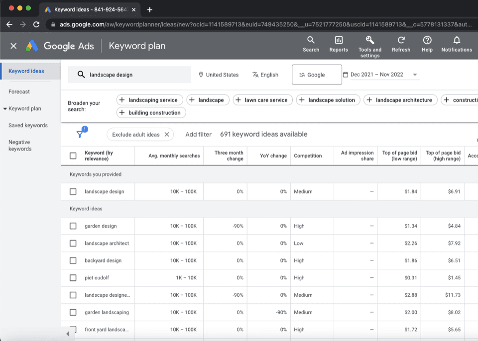 Screenshot dei risultati delle nuove idee per le parole chiave su Google Keyword Planner utilizzando il termine di ricerca "landscape design"