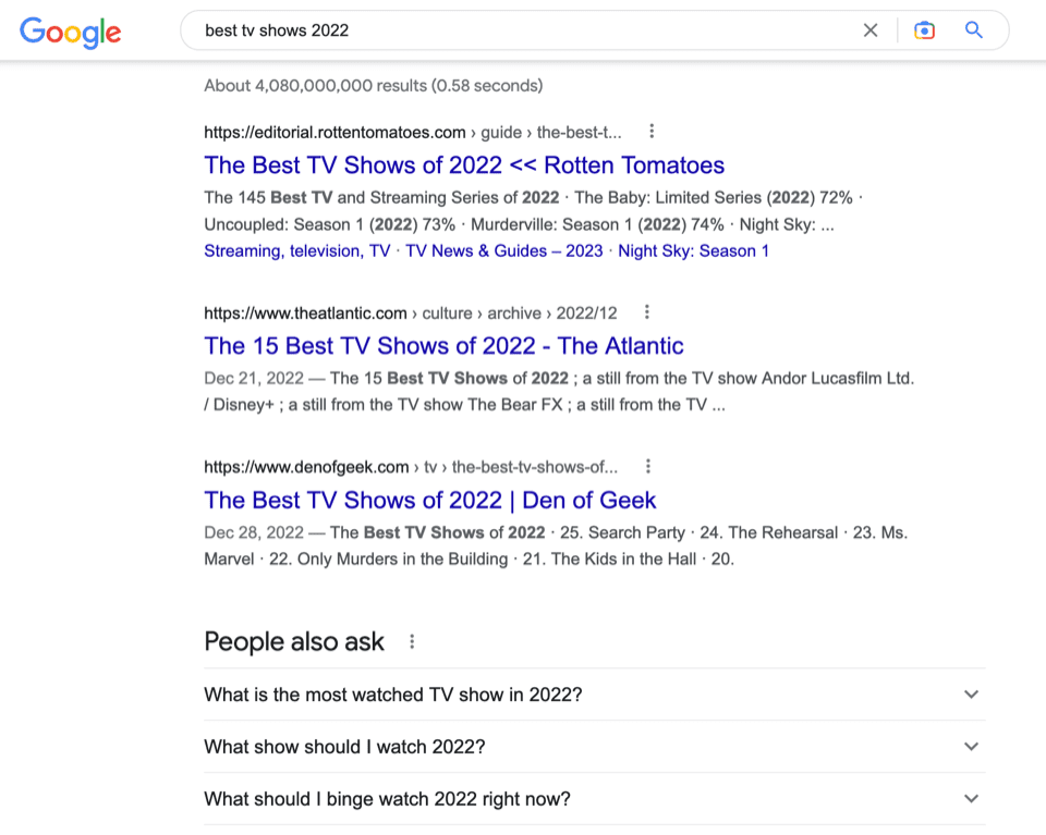 Screenshot della pagina dei risultati del motore di ricerca per la query "migliori programmi TV 2022"