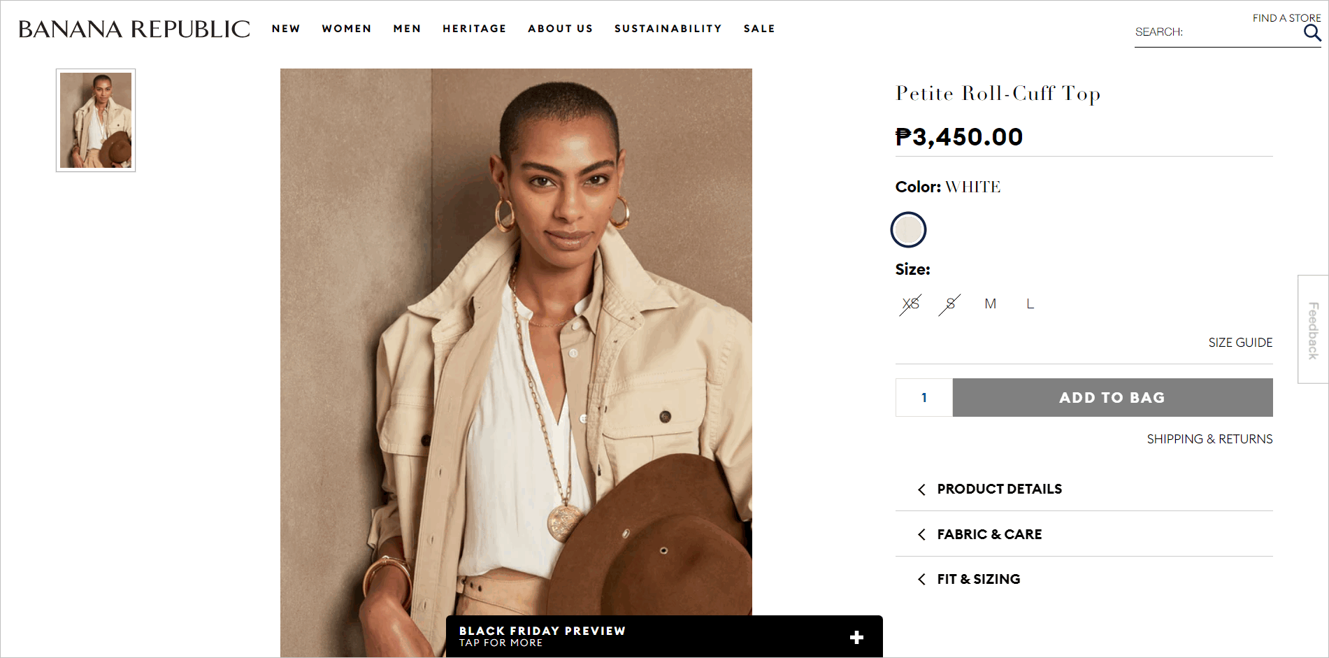 Banana Republic Ürün Detay Sayfası Product detail page with the e-commerce product image on the left side and the product details and CTA button on the right