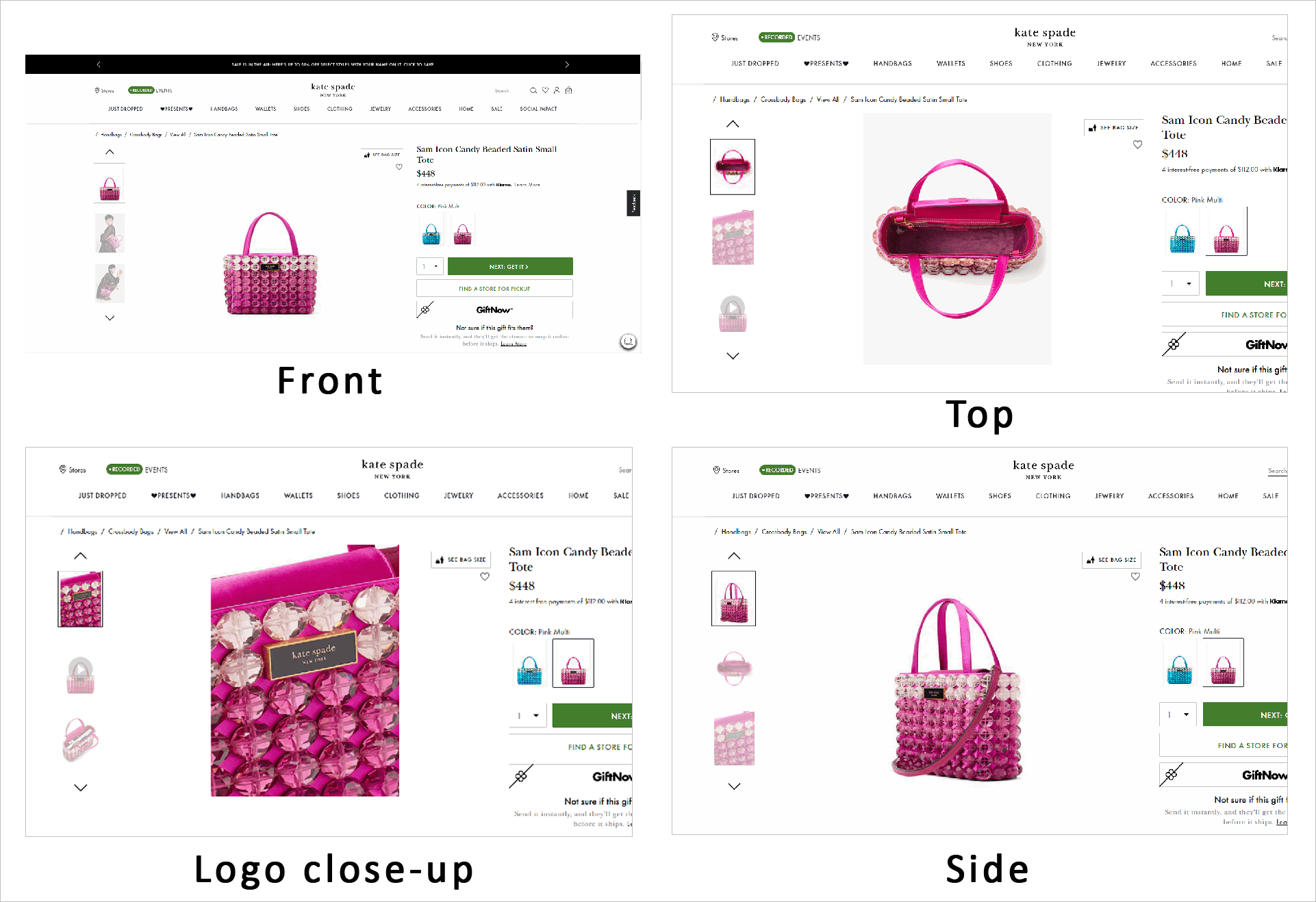 KateSpade.com PDP: Önden, Üstten, Yandan Görünüm ve Logo Yakın Çekim Ürün Resimleri Collage of different e-commerce product images included in a product detail page for a pink bag