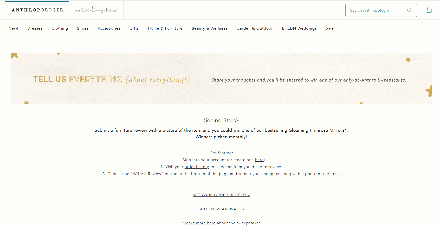 Anthropologie.com İnceleme Sayfası A webpage discussing the mechanics of a promo. It tells users to sign in and submit a product review with a photo to qualify