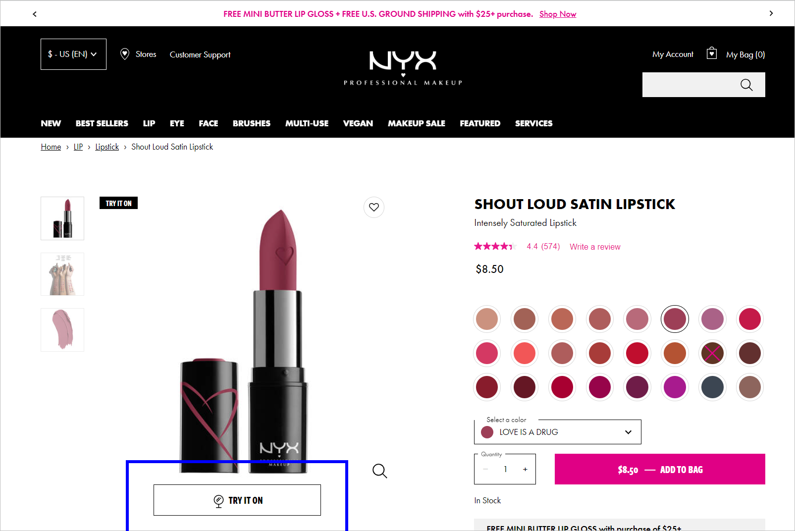 NYXCosmetics.com Ürün Detay Sayfası Lipstick product mages on the left and product details on the right including star ratings, colors available, and CTA button
