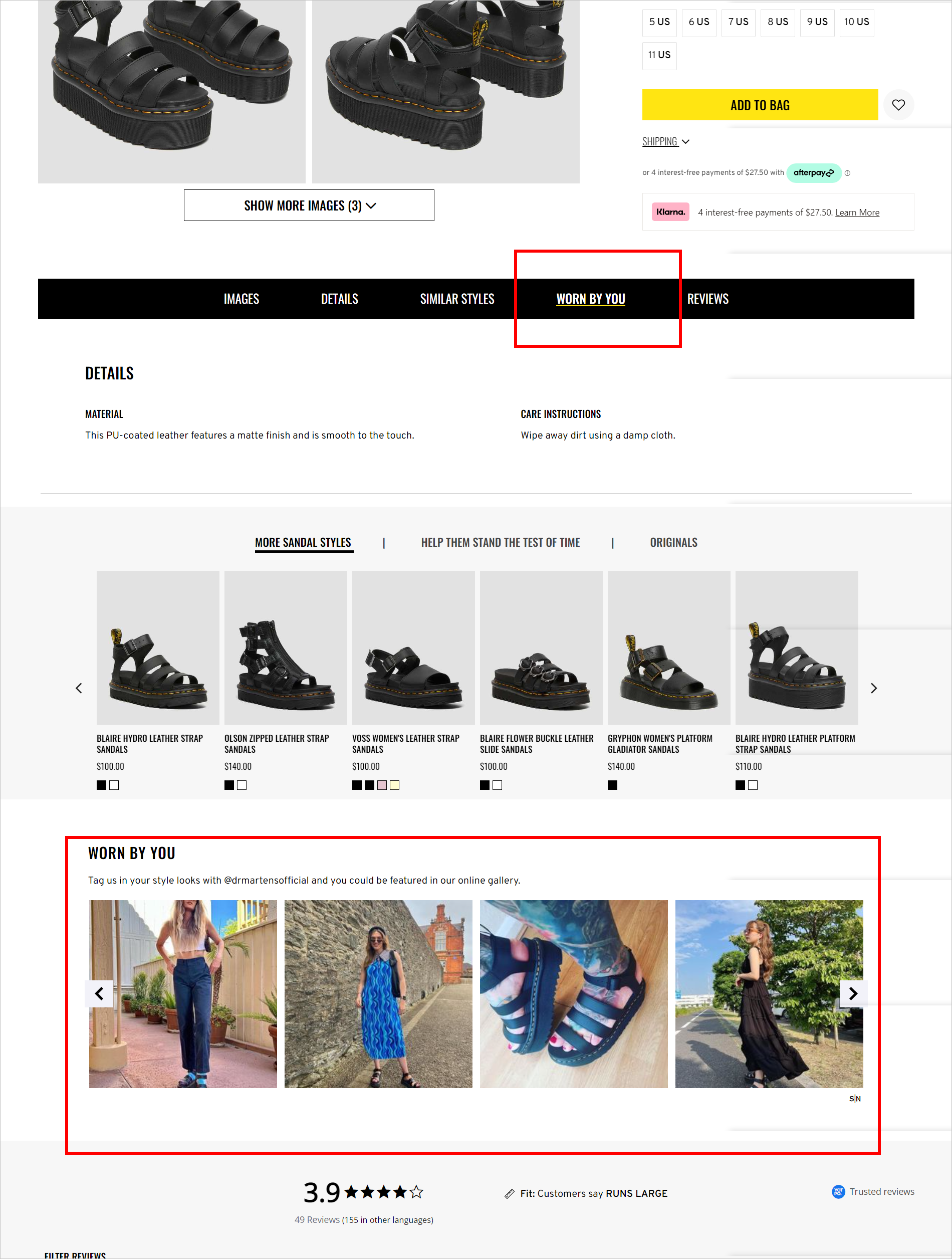 DrMartens.com Ürün Detay Sayfası Çevrimiçi Galeri Below the fold of the PDP for a pair of sandals. The area includes anchor links to the different sections of the page