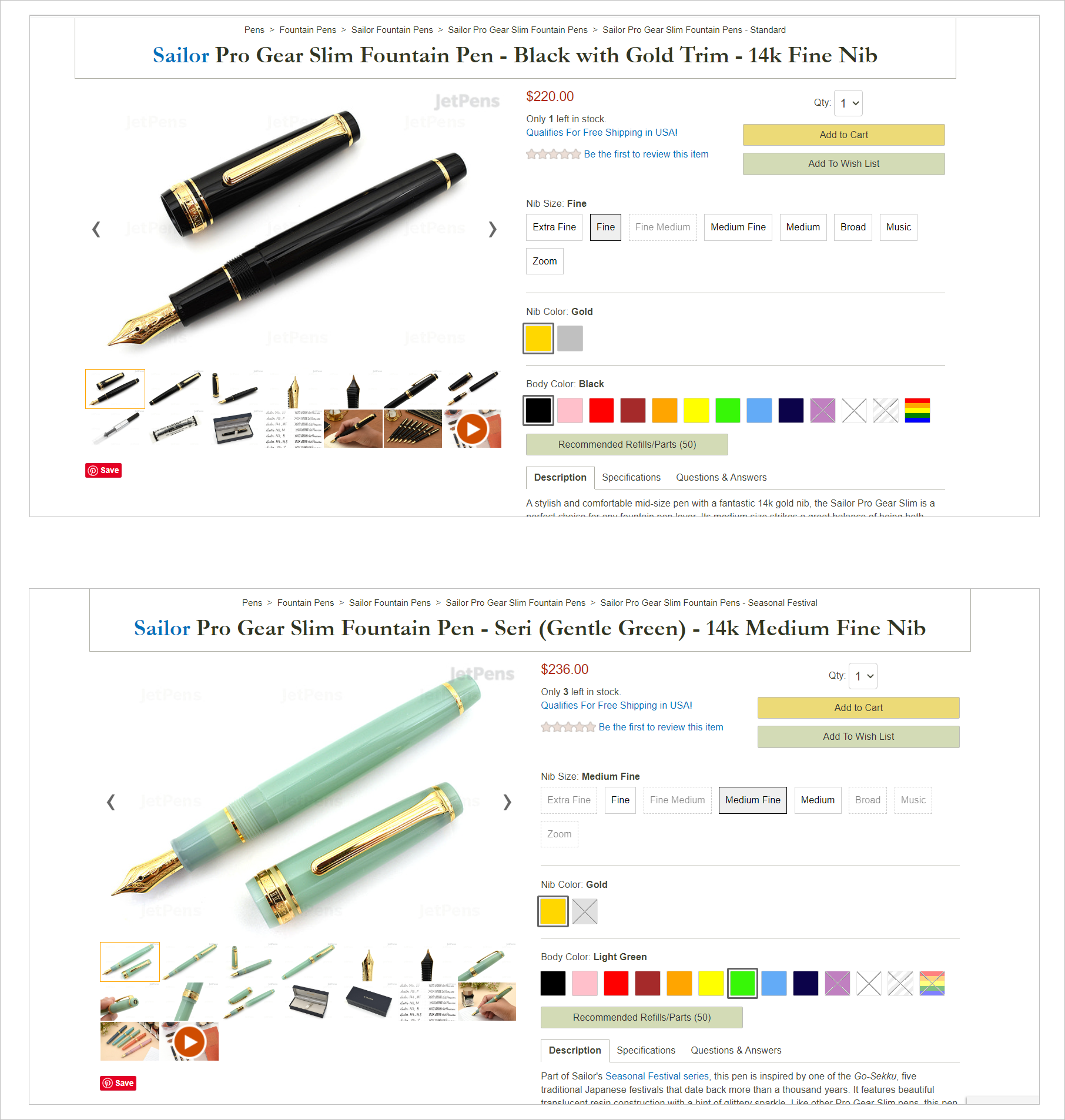 JetPens.com PDP: Sailor Pro Gear İnce Dolma Kalem Çeşitleri E-commerce product images best practice example - Collage of PDPs for two variants of a Sailor fountain pen