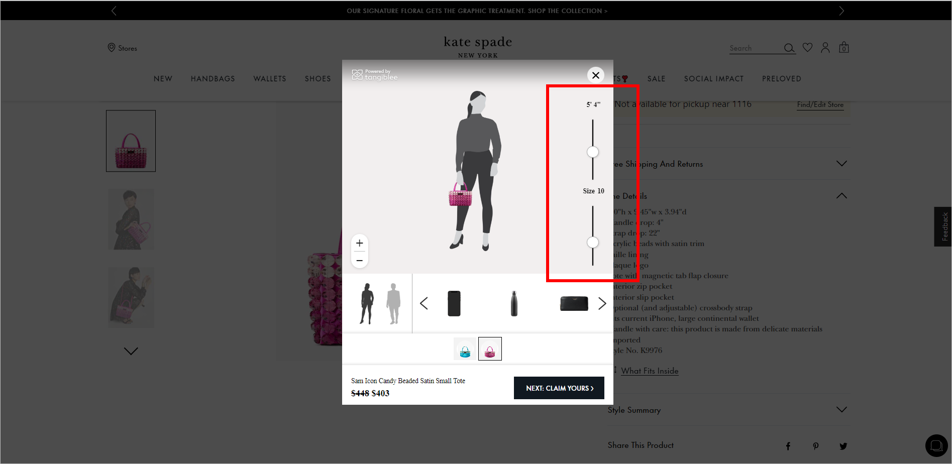KateSpade.com Görselleştirme Modu: Model Yüksekliğini ve Gövde Boyutunu Değiştirin Tangiblee visualization modal on PDP. It shows an illustration of a woman standing, holding a pink bag. Controls allow users to change the model size
