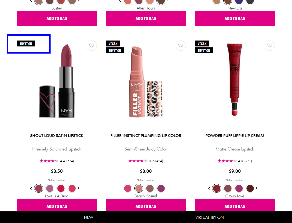 NYXCosmetics.com Kategori Sayfası A cosmetics webpage with three lip products. Each has a name, star ratings, price, available colors, and CTA button below it