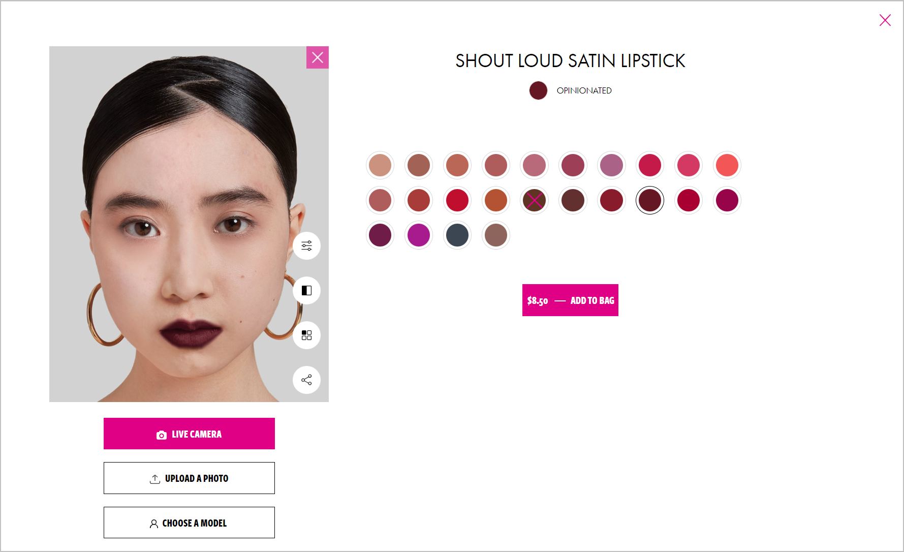 NyxCosmetics.com Sanal Deneme An image of a girl on the left with buttons below it. The product name, available colors, and CTA button are on the right.