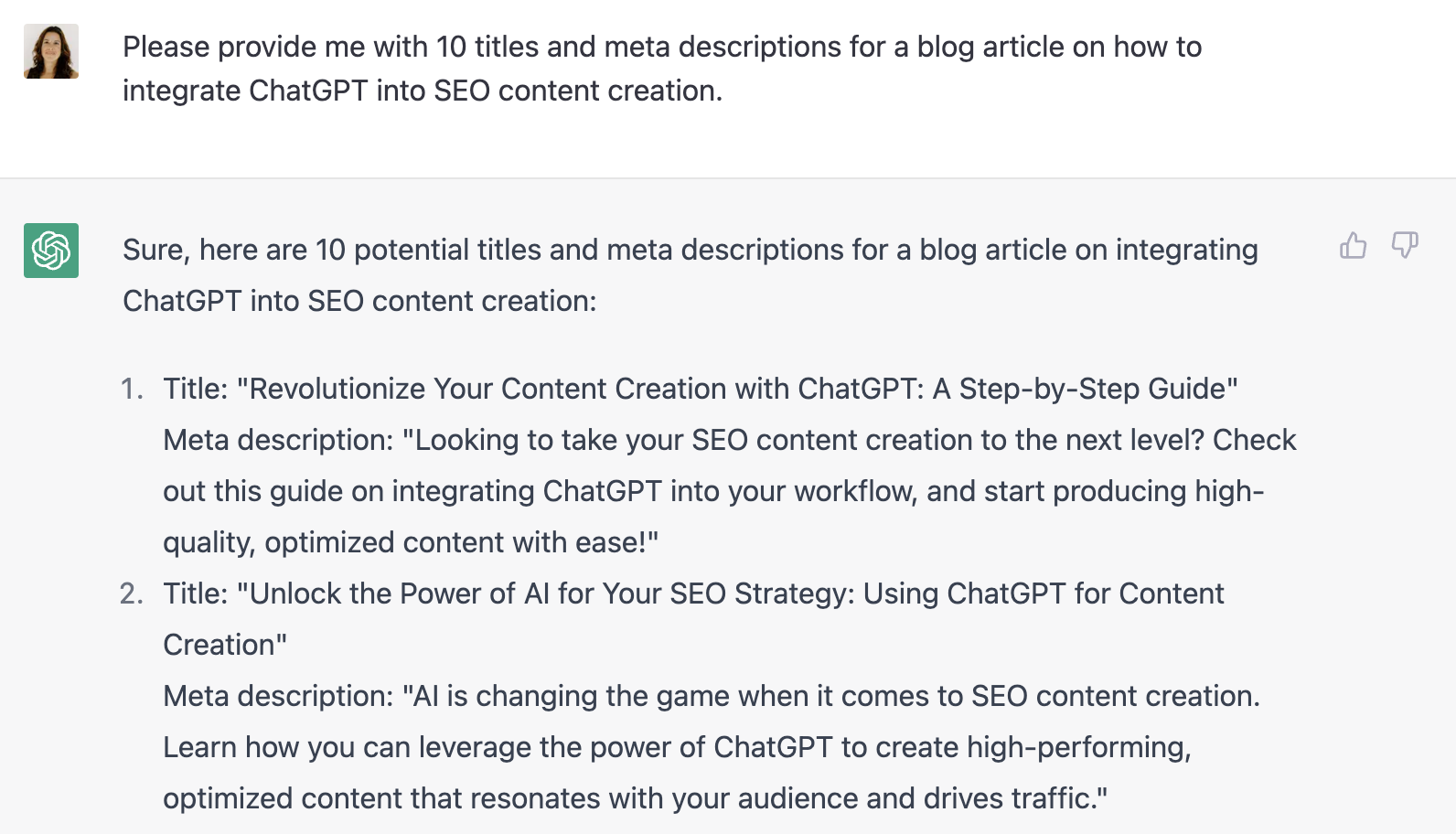 ภาพหน้าจอของการขอเนื้อหาจาก Chatgpt — การขอชื่อเรื่องและคำอธิบายเมตา
